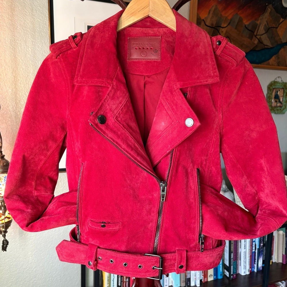 BLANKNYC Red Suede Cropped Moto Jacket Leather Biker Belted Size S - Picture 15 of 16